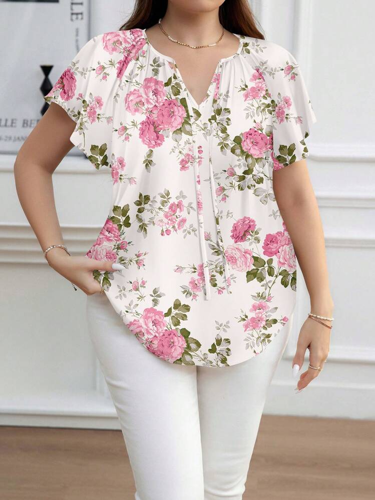 Reflora Camisa de Manga Curta Casual e Solta com Estampa Floral e Gola Redonda, Adequada para Férias de Verão, Tamanhos Grandes - Multicolorido - Visão 5