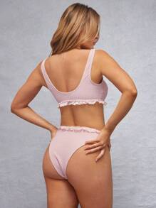 WESTFADE Summer Puckered Gingham Knit Square Neck Cute Bow Front Floral Patterned Lace Ruffle Hem Bikini Tank Top Spring Beach Vacation - Pink - View 4