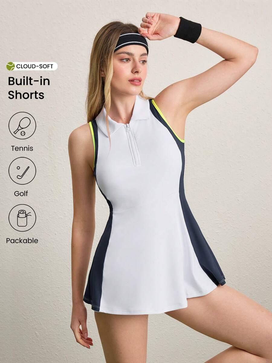 Gameset SHEIN Sport 女式无袖拼色迷你运动连衣裙和短裤 - 白色 - 查看 1