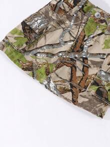 SHEIN Casual Loose Minimalist Camouflage Print Multi-Pocket Young Girls Denim Skirt, School, Campus, College Summer Holiday - Army Green - View 5