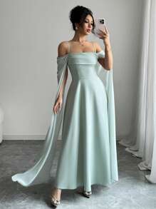 Rafferiza 法式优雅性感派对礼服，无袖露肩褶皱雪纺拼接透视袖收腰长裙，绿色，春夏 - 綠色 - 查看 1