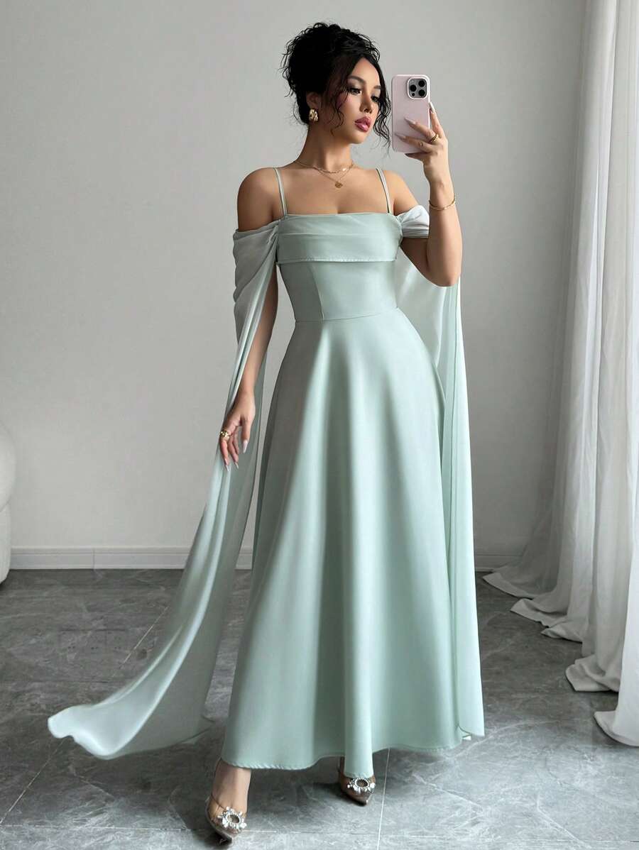 Rafferiza 法式优雅性感派对礼服，无袖露肩褶皱雪纺拼接透视袖收腰长裙，绿色，春夏 - 綠色 - 查看 1