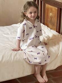 DAZY Young Girl V-Neck Knit Allover Print Nightgown Home Dress, Summer - White - View 2