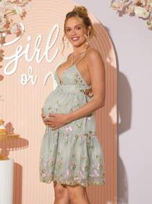 Loomaby Elegantes, rückenfreies Umstands-Partykleid mit Blumenstickerei und Netzstoff - Grün - Übersicht 4