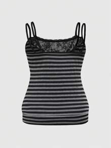 ROMWE Grunge Punk 加大码 Y2K 风格条纹撞色蕾丝花边垂坠领吊带背心，适合音乐节 - 彩色 - 查看 2