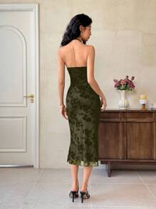 EastFlair Women's Elegant Sexy Floral Flocked Mesh See-Through Backless Halter Midi Dress Dresses For Wedding Event/Summer\Flower\Chinese Style Dress \ Asian Dress\Party - Army Green - View 2