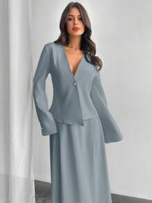 Firerie Suit Jacket & Flared Skirt 2 Pieces Set, Minimalist Fashion Design Suitable For Summer