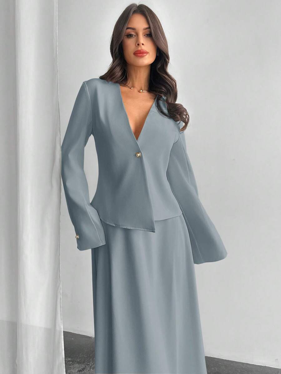 Firerie Suit Jacket & Flared Skirt 2 Pieces Set, Minimalist Fashion Design Suitable For Summer