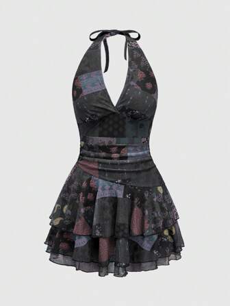 Hippie Abito lungo a strati in rete stampata con motivi totem vintage, da donna, adatto per concerti di primavera, festival rave, stile hippie vintage