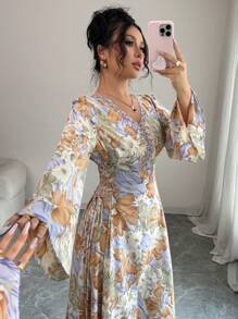 SHEIN Najma 女式V领花卉印花优雅长袖阿拉伯连衣裙 - 彩色 - 查看 1