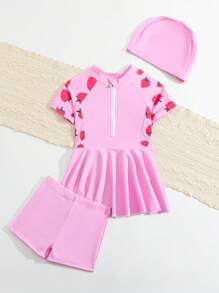 SHEIN 2pcs Baby Girl Ruffled Mermaid Scale Print Cap Sleeve Top And Swim Trunks Swimsuit Set (With Hat) - Pink - View 4