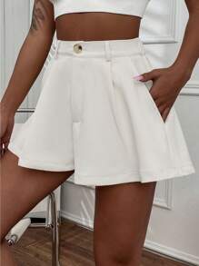 Chiquease Casual Solid Color Cuffed Slanted Pocket Shorts, Summer - White - View 3