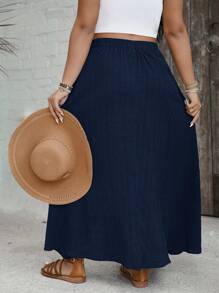 SHEIN VCAY Plus Size Solid Color Elastic Waist Slit Up To Thigh Casual Vacation Skirt
