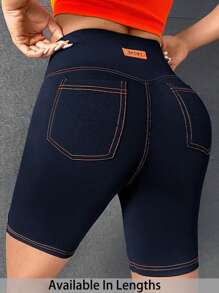 SHEIN PETITE CURVE Plus Size Letter Patched Top-Stitching Biker Shorts - Navy Blue - View 1