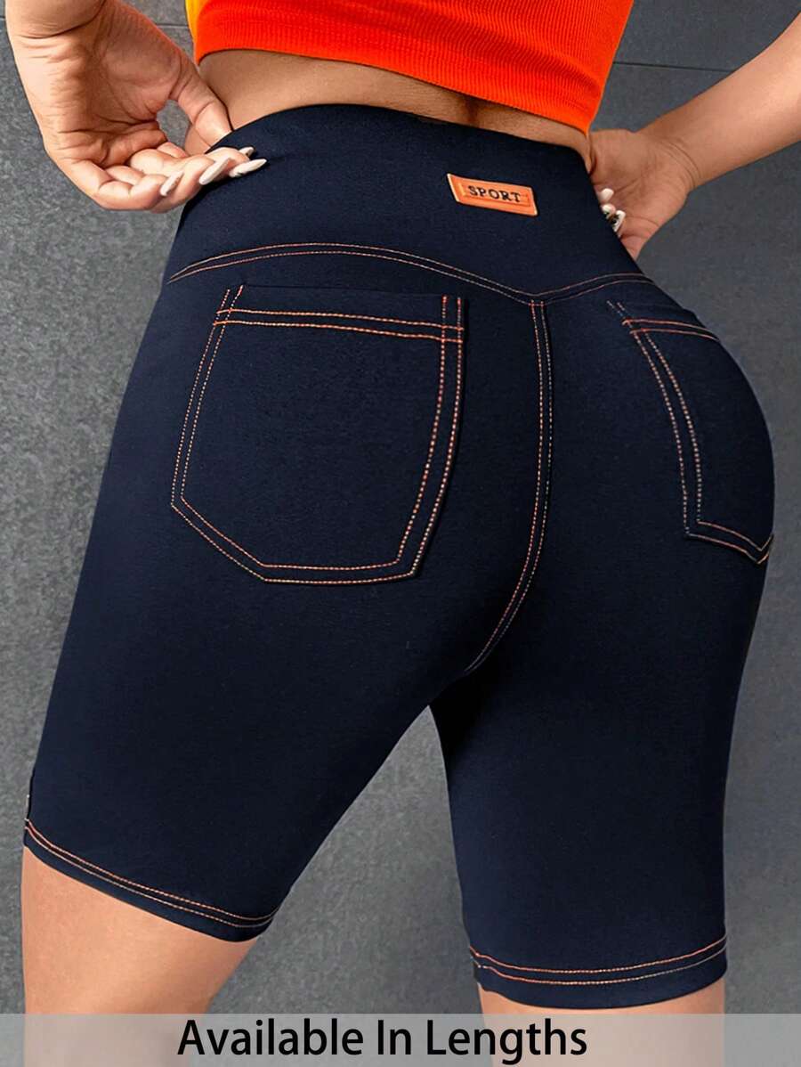 SHEIN PETITE CURVE Plus Size Letter Patched Top-Stitching Biker Shorts - Navy Blue - View 1