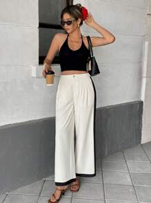 Pariaura Pantalones de pierna acampanada de cintura alta para mujer, de estilo francés a dos tonos, con tela drapeada y decoración de rayas laterales, pantalones blancos para primavera y verano
