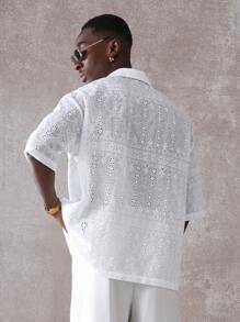 SUMWON 刺绣夏季纽扣衬衫孔眼度假装婚礼海滩度假岛屿天堂休闲短袖半正式场合翻领英式刺绣 - 白色 - 查看 5