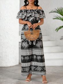 SHEIN Lady 女士棕榈树印花荷叶边露肩阔腿休闲连体裤，适合度假 - 黑色 - 查看 5