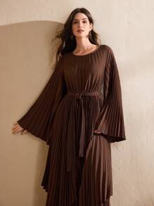 Graceveil Vestido elegante de estilo árabe modesto con cuello redondo, mangas plisadas y con vuelo, y bajo asimétrico, para primavera/verano - Marrón - Ver 4