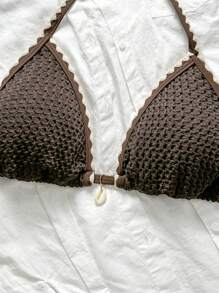 Swim Mod Women's Summer Solid Color Jacquard Fabric Scalloped Tie Strap Bikini Top