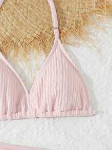 SHEIN 女童三件套比基尼套装：针织条纹，特殊面料泳衣，带裙子的泳衣上衣和下装，时尚休闲优雅风格，适合游泳、度假、夏季 - 粉色 - 查看 3