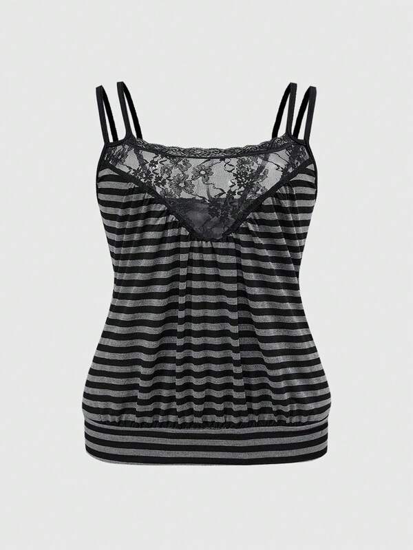 ROMWE Grunge Punk Plus Size Y2K Style Striped Contrast Lace Trim Draped Neck Camisole, Suitable For Music Festival