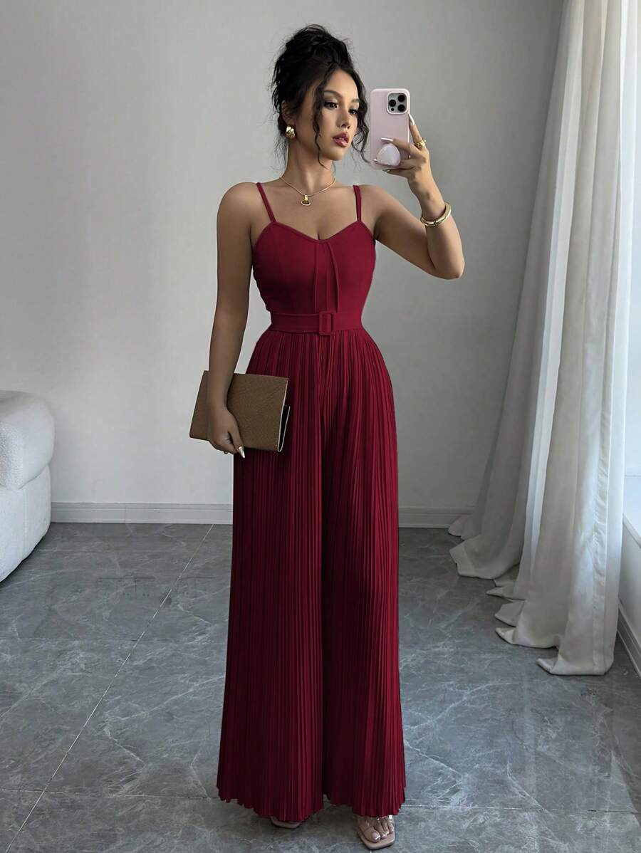 Selianne Women's Spring/Summer New Fashion Spaghetti Strap Pleated Jumpsuit - Burgundy - View 1