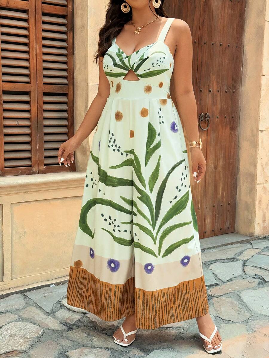 SHEIN VCAY Große Größen Urlaubs-Lässig Kontrast-Farbiges Pflanzen-Muster-Jumpsuit