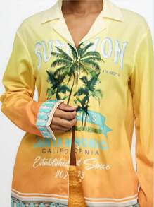 SUMWON WOMEN Camisa Resort Santa Monica Califórnia, Blusa com Gola e Estampa Degradê de Palmeiras, Manga Comprida, Peça de Destaque para Verão, Praia e Férias, Moda Primavera, Coleção 2023 - Multicolorido - Ver 8