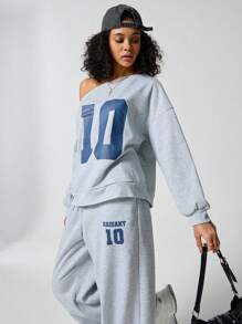 SHEIN EZwear Girls Y2K Preppy Daily Wear Number Printed Keep Warm Asymmetrical Neck Long Sleeve Sweatshirt And White Elastic Waistband Wide Leg Sweatpants