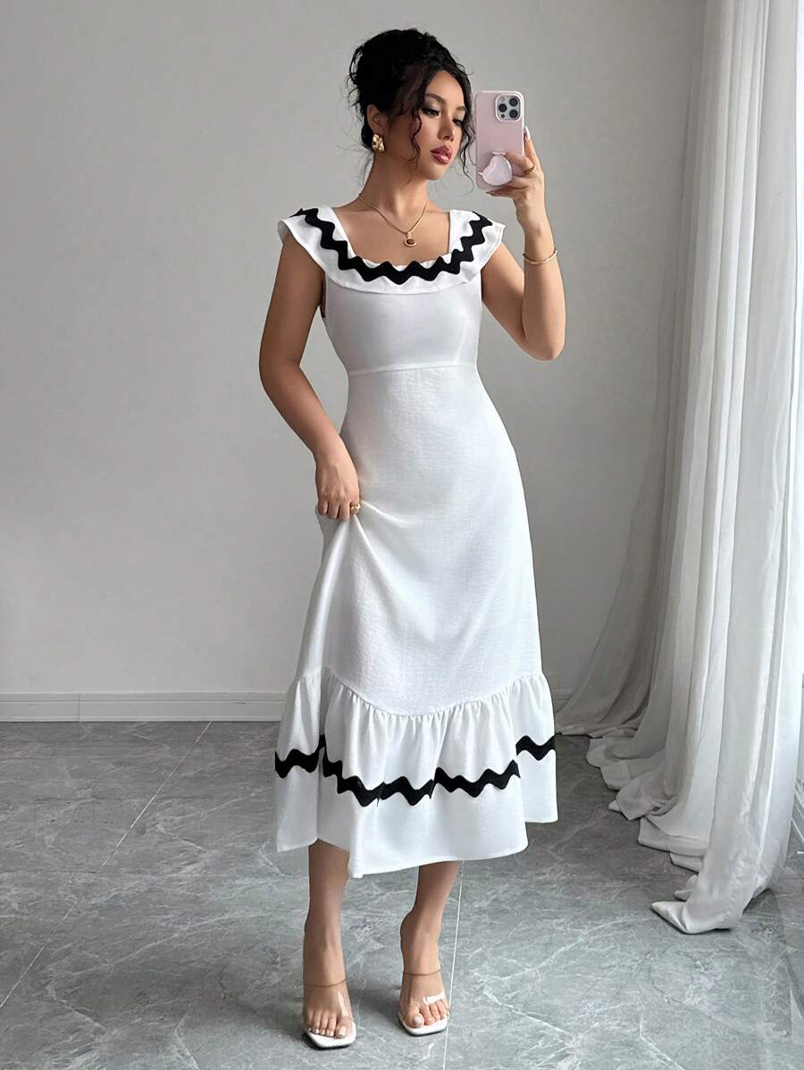 Rafferiza Nouvelle robe d'été élégante et chic pour femmes, à encolure carrée, avec volants, coupe slim, dos nu, taille haute, sans manches - Blanc - Voir 1