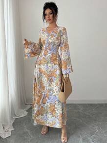 SHEIN Najma 女式V领花卉印花优雅长袖阿拉伯连衣裙 - 彩色 - 查看 5