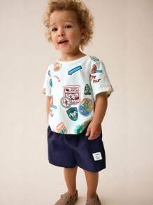 SHEIN 婴幼儿两件套卡通动物印花针织柔软圆领短袖套头衫和松紧腰短裤 - 黑與白 - 查看 9