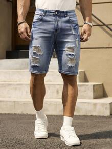 RivetRise Men's Summer Casual Washed Distressed Skinny Denim Shorts Jorts Ripped Jean Shorts Men