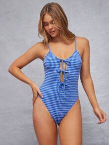 WESTFADE 夏季针织格子 V 领可爱蝴蝶结前开襟高开叉连体泳衣春季连体泳衣 - 藍色 - 查看 3