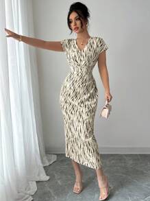 Elenzga 女士优雅仿古钱币印花休闲连衣裙，适合通勤和度假 - 杏色 - 查看 3