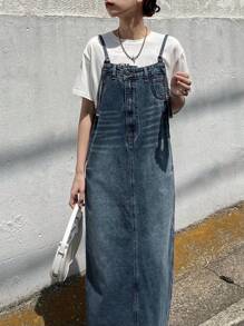 FRIFUL Women's Straight Cut Denim Pinafore Dress