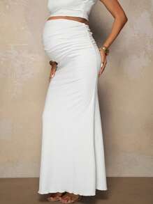 MaterniChic Maternity Plain Color Adjustable Waist Ruched Skirt Summer Outfits Elegant Mermaid - White - View 3