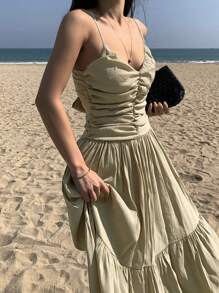 DAZY Women Beach Sleeveless Waist Gathered Midi Dress Cruise Outfit For Women Boho Vacation Outfits Women - Green - View 6