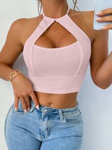 Zolique Women's Solid Color Hollow Out Halter Backless Sexy Fitted Camisole - Mauve Purple - View 3