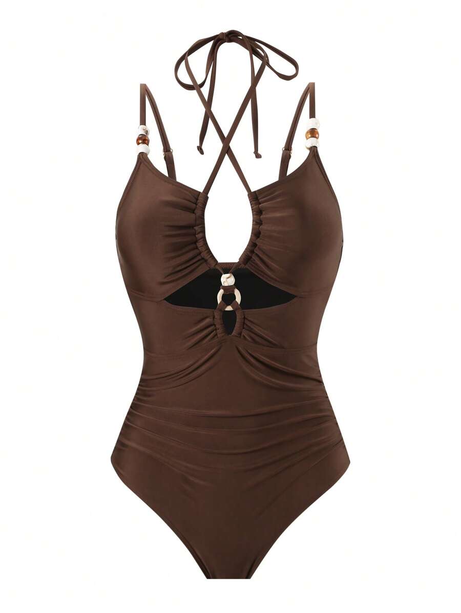 Swim Lushoire Plus Size One-Piece Halter Beaded Front Hollow Out Crisscross Tie Side Ruched Sexy Elegant Vacation Women's Swimsuit - Coffee Brown - View 1
