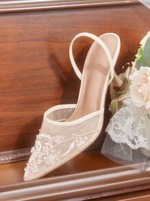 CUCCOO HITCHD New Summer Embroidery Lace Pointed Toe High Heel Sandals, Elegant Romantic Champagne Mesh Ladies Party Shoes, Bridal Wedding Guest Evening Wear For Christmas