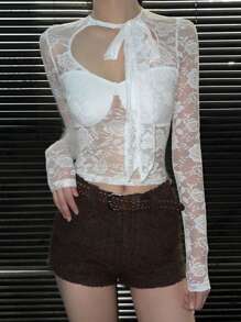 女士系带透视蕾丝修身长袖上衣，适合外出穿着 - 白色 - 查看 5