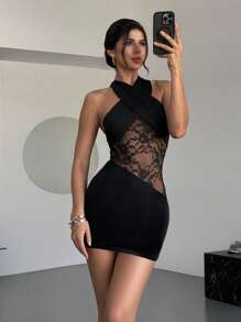 Firerie 优雅浪漫性感露背蕾丝拼接迷你连衣裙，适合派对、音乐节、情人节婚礼季、春夏季 - 黑色 - 查看 1