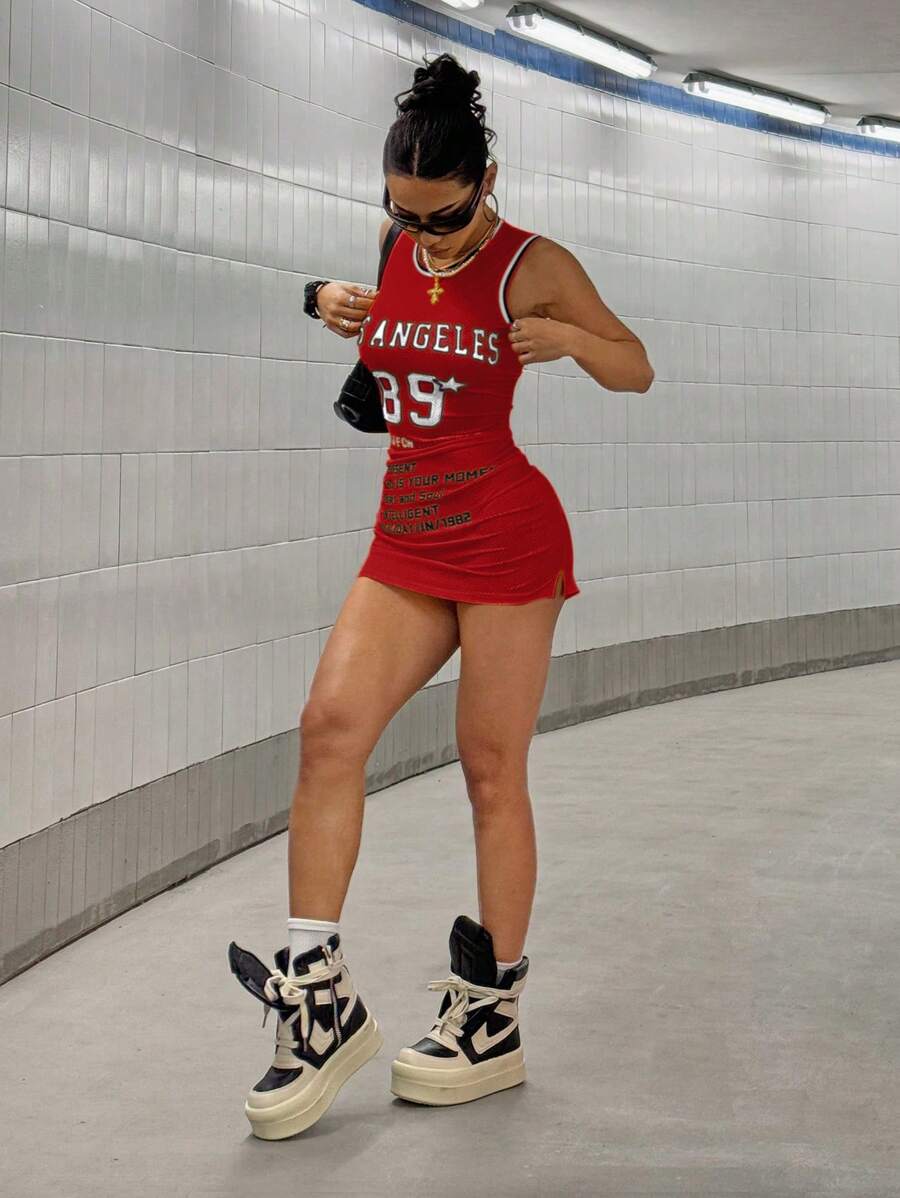 StreetHx Women Streetwear Round Neck Contrast Color English Print Mesh Dress - Red - View 1