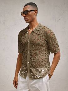 AKNOTIC Business Casual Áo len dệt kim khoét lỗ dáng rộng thoải mái cho nam, thích hợp cho mùa hè, đi học - Màu Khaki - Xem 3