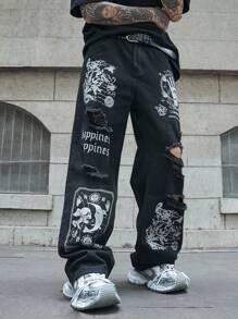 PAVTROS Manfinity Streetrush Men's Loose Fit Baggy Jeans With Pocket Slogan, Sun & Face Print And Distressed Details, Plain Wide Jeans Long Ripped Plain Black Cargo Jeans, For Husband, Boyfriend Gifts, Black Graphic Jeans, Goth Jeans, Men's Graphic Jeans, Ripped Graphic Jeans Going Out Hang Out Vacation Street Party, Grunge