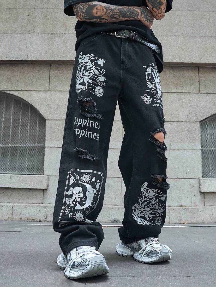 PAVTROS Manfinity Streetrush Men's Loose Fit Baggy Jeans With Pocket Slogan, Sun & Face Print And Distressed Details, Plain Wide Jeans Long Ripped Plain Black Cargo Jeans, For Husband, Boyfriend Gifts, Black Graphic Jeans, Goth Jeans, Men's Graphic Jeans, Ripped Graphic Jeans Going Out Hang Out Vacation Street Party, Grunge