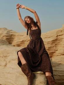 Wildy 复古乡村度假风棕色花卉荷叶边吊带方领中长连衣裙文艺复兴博览会乡村音乐会服装夏季西方服饰女装波西米亚风女装 - 棕色 - 查看 7