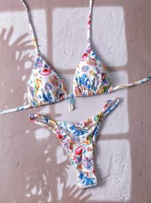 Swim Mod 女士随机花卉印花细肩带贝壳装饰性感比基尼套装，夏季 - 彩色 - 查看 1